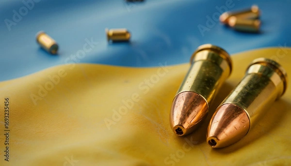 Fototapeta Two large bullets and scattered shell casings rest on a wrinkled Ukrainian flag. The scene symbolizes armed conflict, geopolitical tension, and military crisis.