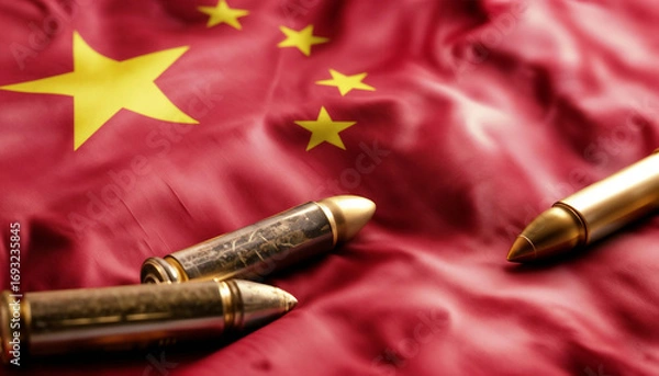 Fototapeta Ammunition placed on Chinese flag fabric. Golden bullets on blue textile with yellow stars, representing militarization, defense spending and growing security concerns