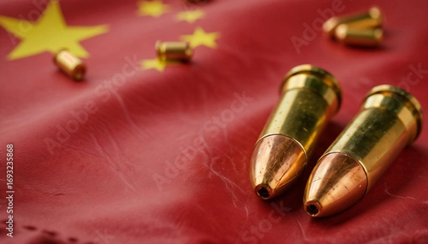 Fototapeta Two large bullets and scattered shell casings rest on a wrinkled Chinese flag. The scene symbolizes armed conflict, geopolitical tension in Asia, and military crisis in China