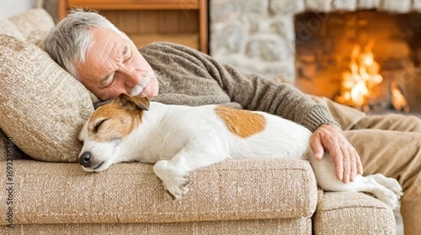 Fototapeta Sleeping Man & Dog: Cozy Fireplace, Relaxation, Pet Comfort