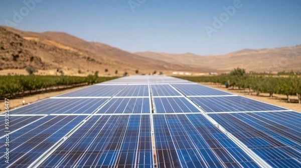 Fototapeta Solar Panels Field: Renewable Energy, Clean Power Source