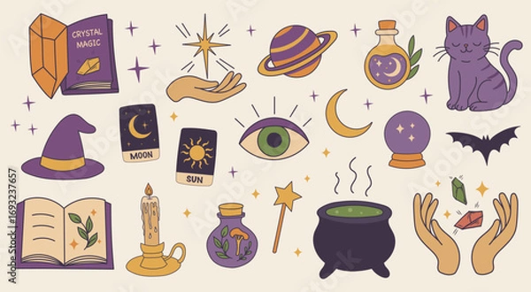 Fototapeta Set of mystical witchcraft elements. Esoteric symbols for occult design spiritual illustrations.