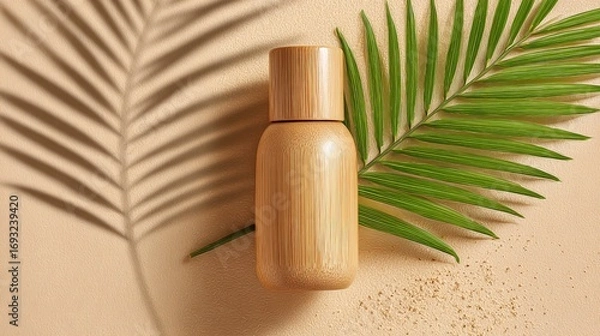 Obraz Wooden Bottle On Sand With Palm Leaves