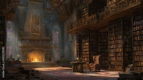 Obraz Grand Golden Library With Sparkling Fireplace
