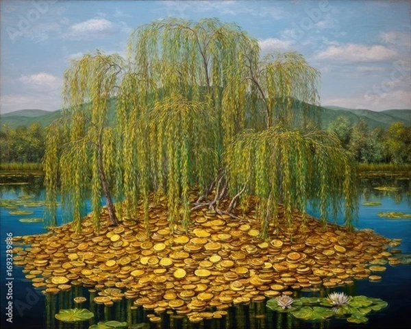 Obraz Golden Lily Pad Island With Willow Trees
