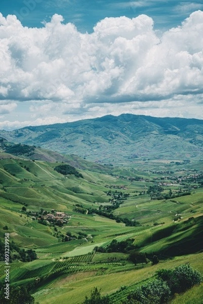 Obraz Green Valley And Mountain Landscape With Cloudy Sky