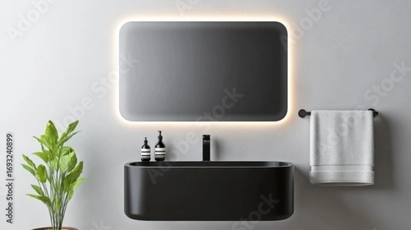 Obraz Modern Bathroom with Black Sink, LED Mirror, minimal , interior design