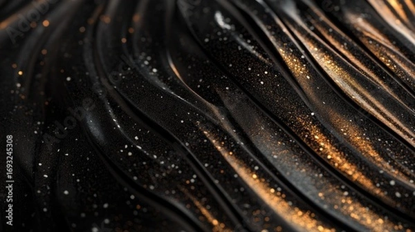 Fototapeta Abstract Black Fluid Texture with Golden Sparkles and Reflections.