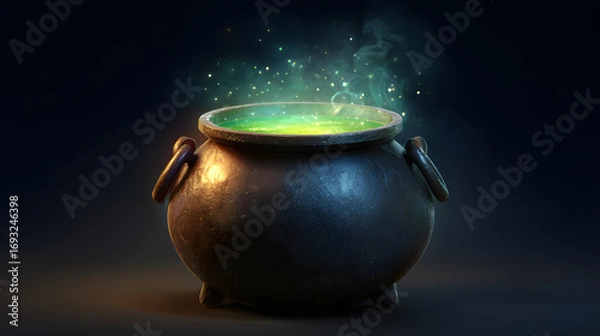 Fototapeta Witch cauldron with green glowing potion bubbling, isolated object, PNG style