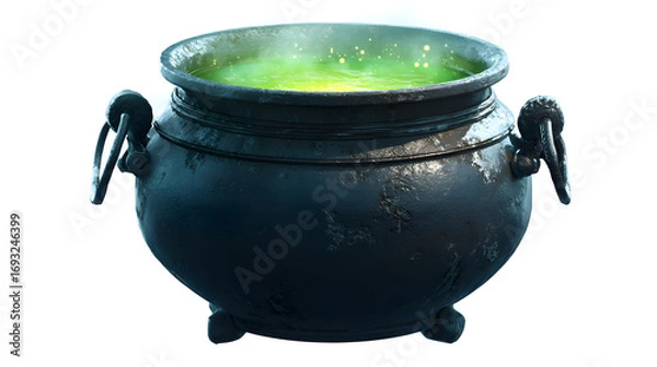 Fototapeta Witch cauldron with green glowing potion bubbling, isolated object, PNG style