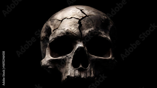 Fototapeta Creepy human skull with cracks, realistic, centered, single object, isolated PNG style