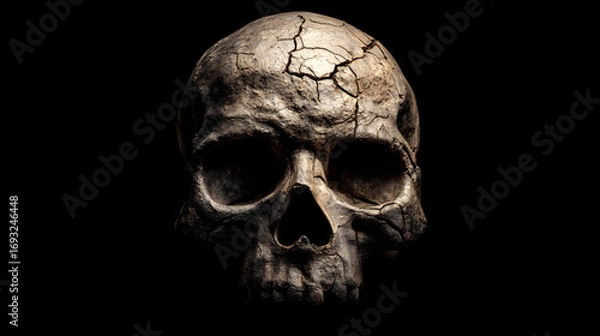 Fototapeta Creepy human skull with cracks, realistic, centered, single object, isolated PNG style