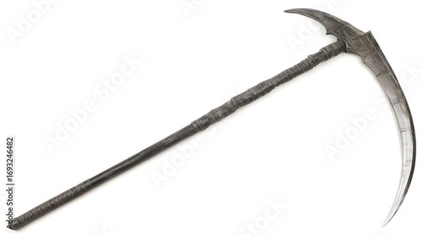 Fototapeta Grim Reaper scythe, sharp silver blade with dark handle, horror prop, single object, PNG cutout
