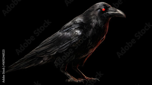 Fototapeta Black raven perched, glowing red eyes, gothic horror style, single object, isolated PNG