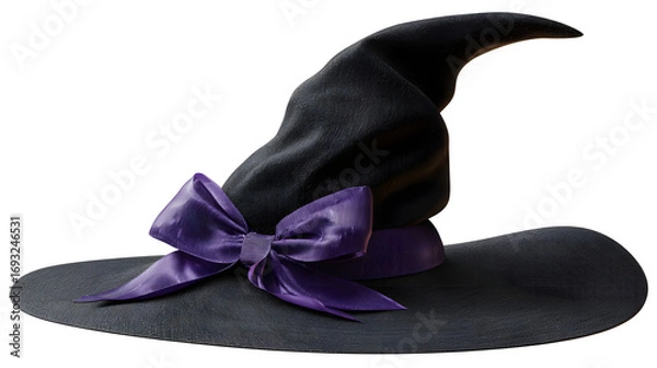 Fototapeta Witch hat, elegant, pointy, with purple ribbon, isolated, PNG style