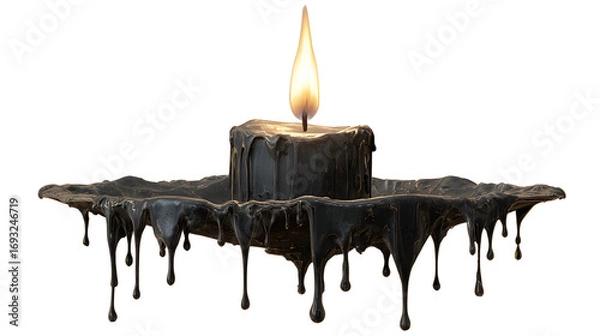 Fototapeta Candle with dripping black wax, eerie flame, gothic horror object, single PNG cutout