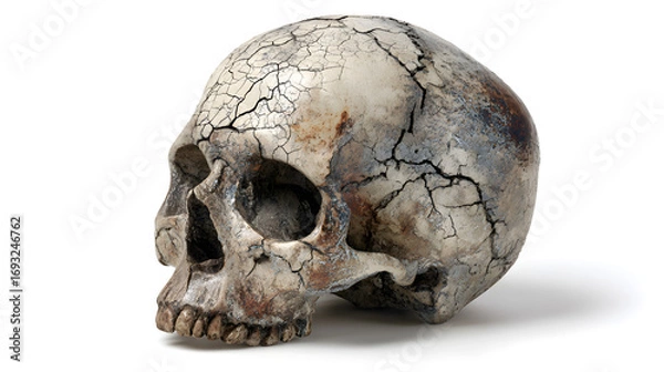 Fototapeta Creepy human skull with cracks, realistic, centered, single object, isolated PNG style