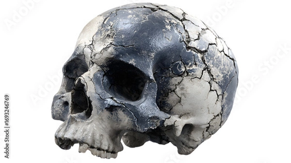 Fototapeta Creepy human skull with cracks, realistic, centered, single object, isolated PNG style