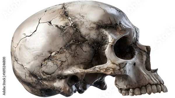 Fototapeta Creepy human skull with cracks, realistic, centered, single object, isolated PNG style