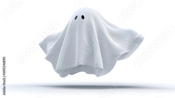 Fototapeta Cute floating ghost with sheet-like body, isolated, PNG style