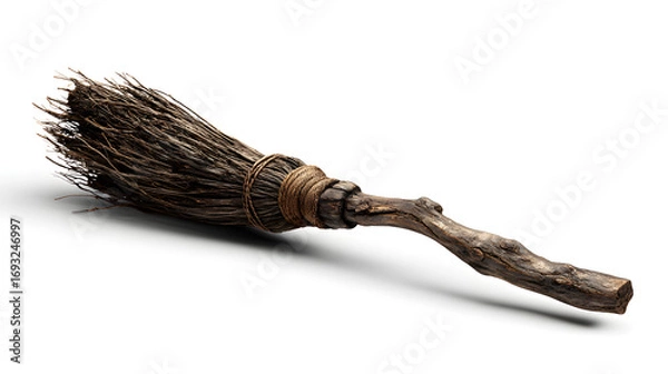 Fototapeta Old witch broomstick, rustic wooden texture, isolated, PNG style