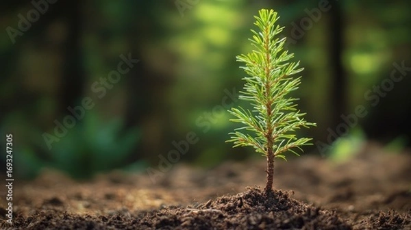 Fototapeta A small, young evergreen sapling planted in rich soil symbolizes new life, growth, hope, and environmental conservation
