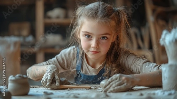 Fototapeta Young artist with hands covered in clay, intently focused on sculpting a unique creation, reflecting the innocent joy of pottery and craftsmanship