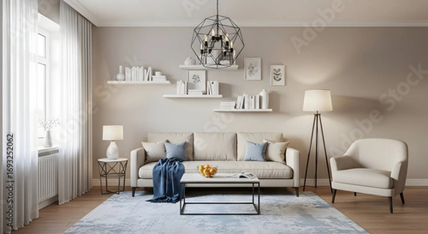 Obraz Bright and airy living room featuring a modern sofa stylish decor and natural light creating a cozy and inviting atmosphere for relaxation and comfort