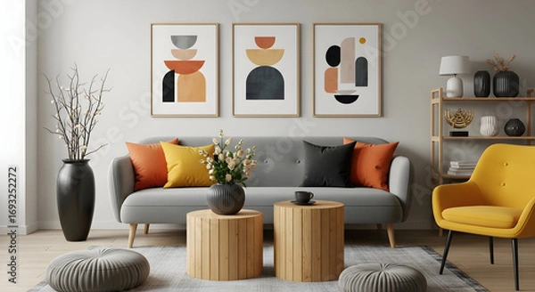 Obraz Modern living room interior with abstract art gray sofa wooden tables and a yellow chair creating a cozy and stylish home environment for relaxation