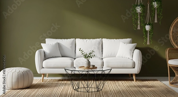 Obraz Modern living room interior with white sofa coffee table plants and olive green wall creating a cozy and stylish home environment for relaxation
