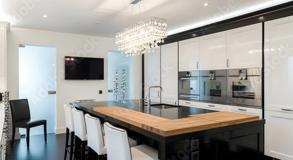 Obraz Modern kitchen interior featuring a black island with a wooden countertop and a crystal chandelier providing elegant lighting for a luxurious home