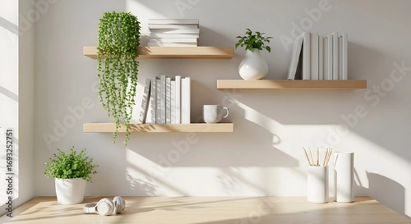 Obraz Minimalist home office setup with floating shelves plants books and natural light creating a serene and productive workspace atmosphere