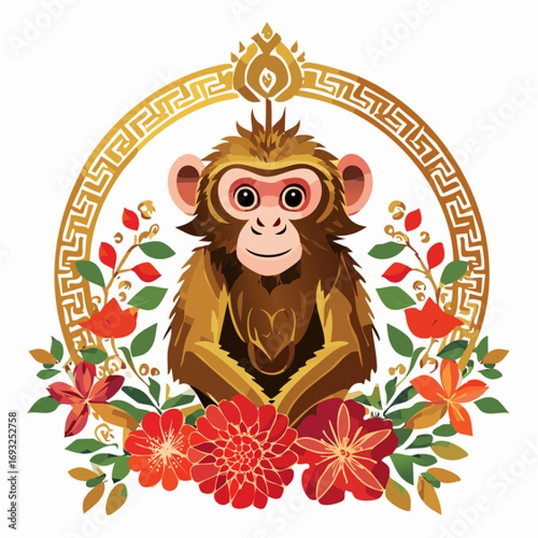 Fototapeta A decorative vector illustration of a monkey  with floral and ornamental patterns. Perfect for Chinese zodiac designs, New Year greetings, posters, and decorative artwork.
