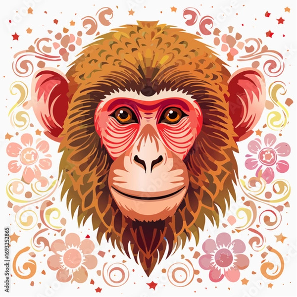 Fototapeta A decorative vector illustration of a monkey face with floral and ornamental patterns. Perfect for Chinese zodiac designs, New Year greetings, posters, and decorative artwork.