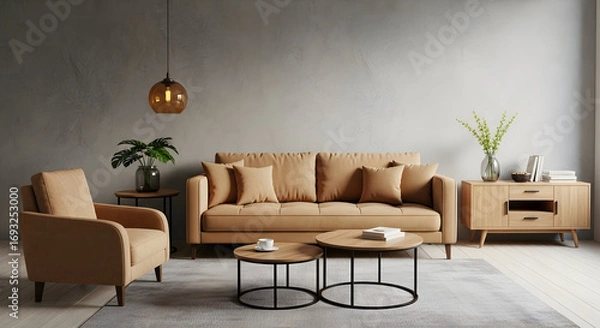 Obraz Elegant living room interior with a tan sofa armchair and round coffee tables creating a cozy and inviting atmosphere for relaxation and comfort