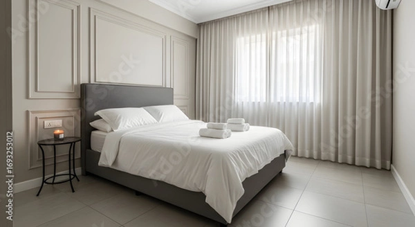 Fototapeta Bright and airy bedroom with a comfortable bed soft linens and a calming candle creating a relaxing and inviting atmosphere for rest and sleep