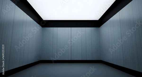 Obraz Minimalist interior with blue paneled walls and a bright ceiling light creating a modern and serene architectural space for contemplation