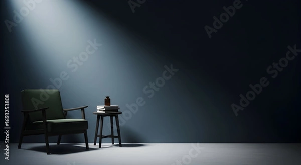Obraz Armchair and books in a dark room illuminated by a spotlight creating a moody and atmospheric interior scene perfect for contemplation and relaxation