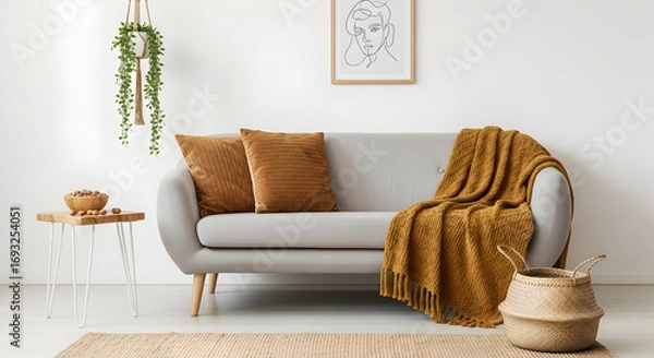 Obraz Cozy living room interior with a gray sofa brown pillows a mustard throw and natural decor creating a warm and inviting atmosphere for relaxation