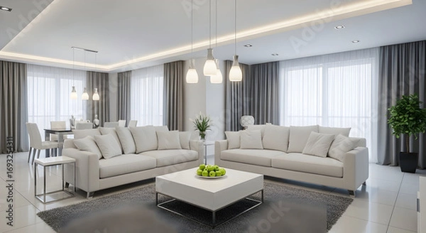 Obraz Bright and airy modern living room with neutral tones and minimalist design showcasing elegant sofas and a stylish coffee table for a serene atmosphere