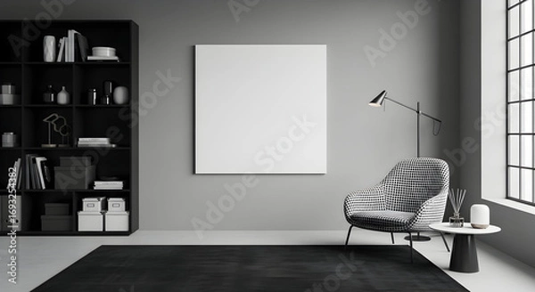 Obraz Minimalist interior with blank canvas above patterned chair bookshelf and modern lamp in a grey room showcasing contemporary design and simple elegance