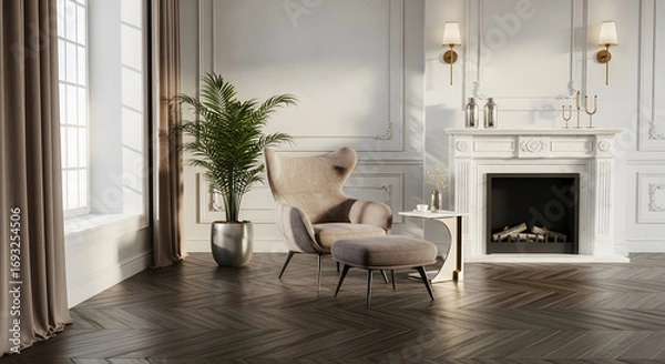 Obraz Elegant living room interior with armchair fireplace and herringbone wood floor creating a cozy and luxurious atmosphere for relaxation and comfort