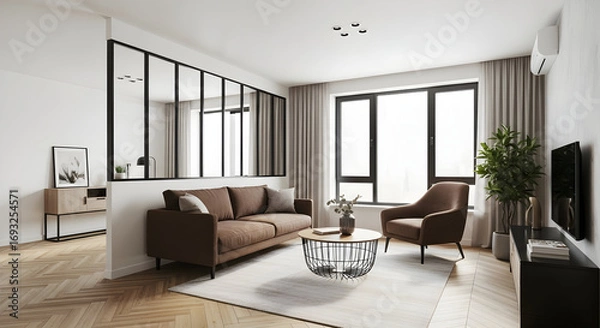 Obraz Modern living room interior with brown sofa armchair and decorative elements creating a cozy and stylish home environment for relaxation and comfort