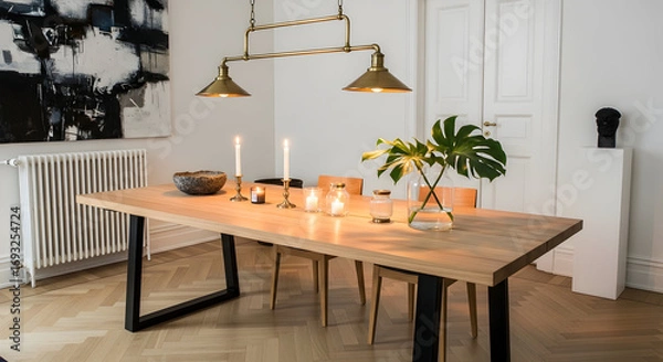 Obraz Modern dining room with wooden table candles monstera plant and stylish lighting creates a warm and inviting atmosphere for gatherings and meals