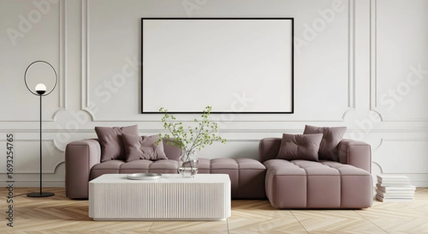 Obraz Elegant living room with a mauve sectional sofa white coffee table and blank frame on the wall displaying modern interior design and home decor ideas