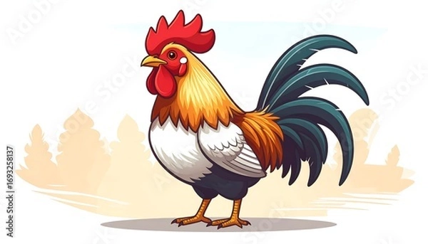Obraz Cartoon rooster in a pastoral setting