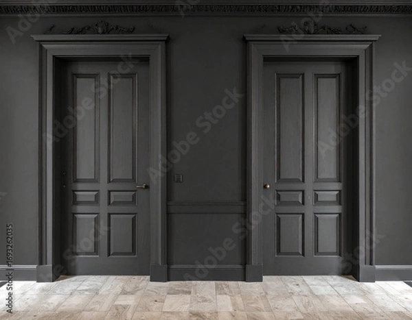 Fototapeta Two identical, elegantly paneled dark gray doors are symmetrically framed by ornate trim against a matching dark gray wall, resting on a sophisticated light wood floor. This image conveys luxury, mode