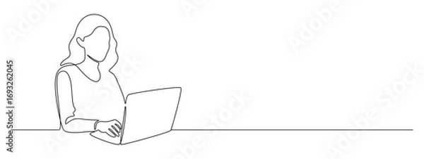 Fototapeta Woman with laptop computer in one continuous line drawing. Symbol of businesswoman and female student in simple linear style. Searching concept in Editable stroke. Doodle sketch vector illustration