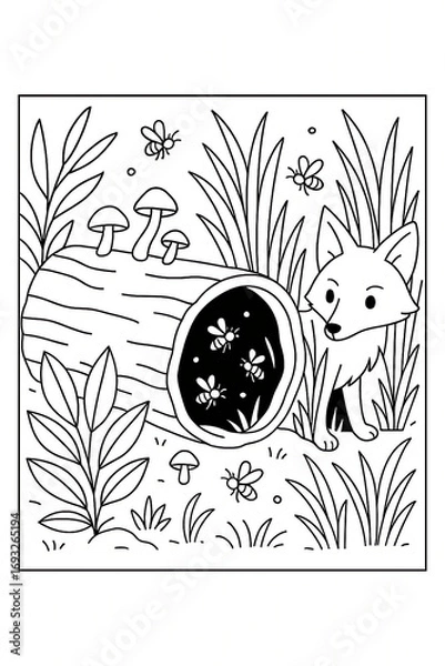 Fototapeta Forest Fox and Log Coloring Page