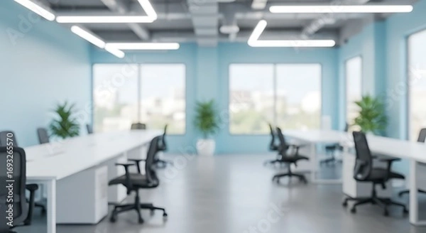 Obraz Creative take on Blurred background of bright and spacious modern coworking space featuring sleek white desks and ergonomic chairs, designed to enhance productivity and collaboration.